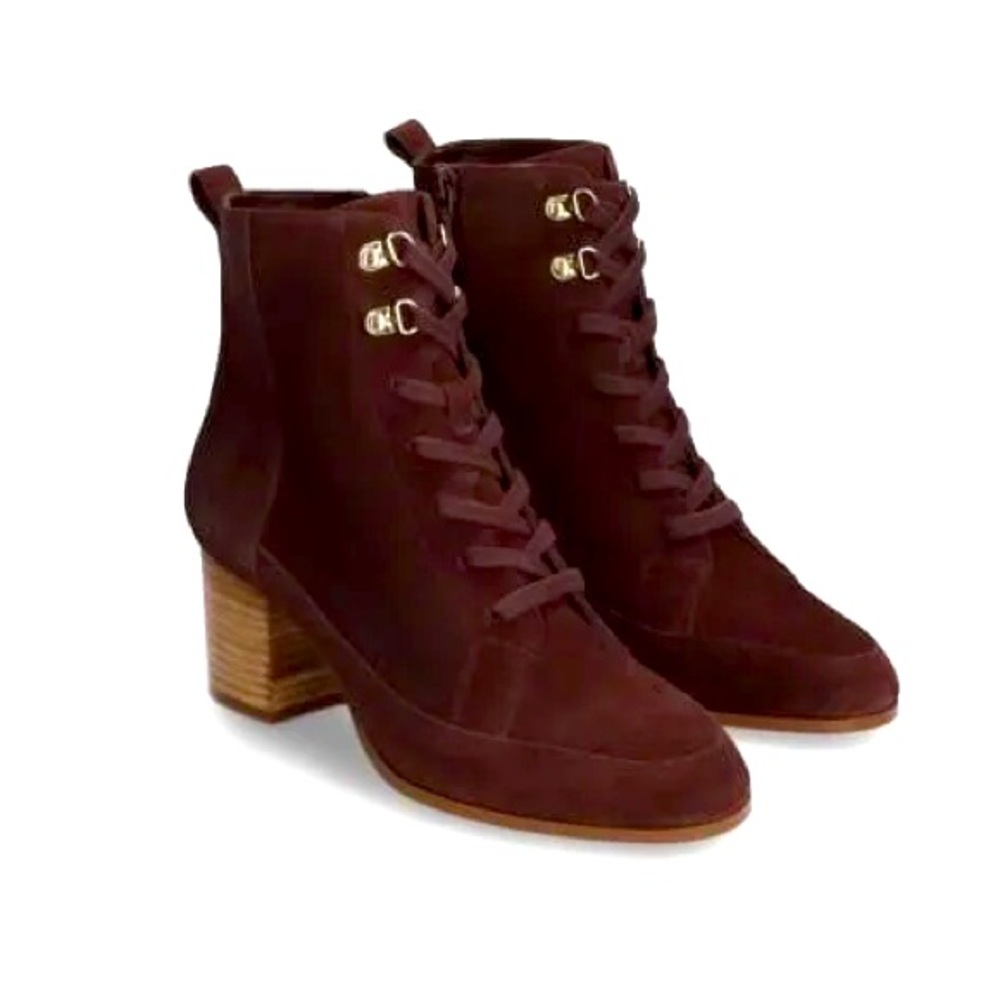 Violet and Red Burgundy Darbis Heeled Suede Lace Up Bootie with Zipper